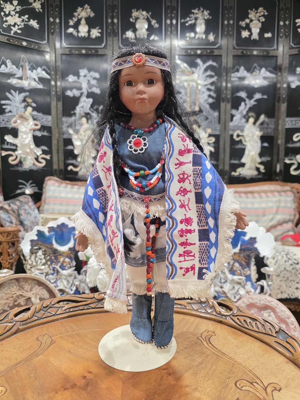 Vintage 16" Native American Collector Doll with Beaded Outfit & Stand
